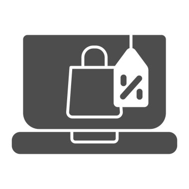 Paketli ve indirimli simgesi olan dizüstü bilgisayar, Kara Cuma konsepti, beyaz arka planda online alışveriş tabelası, internet pazarı ve glifli indirim etiketi simgesi. Vektör grafikleri.