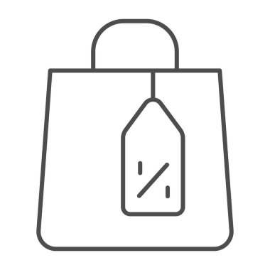 Alışveriş torbası ve etiket çizgisi simgesi, Kara Cuma konsepti, beyaz arka planda alışveriş kağıdı tabelası, indirimli yüzde simgesi olan ürün ve etiket paketi. Vektör grafikleri.