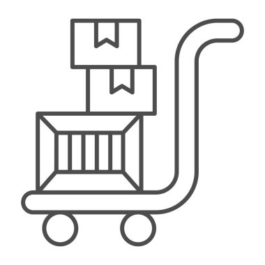 Kutuları ince çizgi simgesi olan bir tramvay, Kara Cuma konsepti, beyaz arka planda üç karton kutulu el kamyonu, mobil ve web için ana hatları çizilmiş bir depo troleybüsü simgesi. Vektör grafikleri.