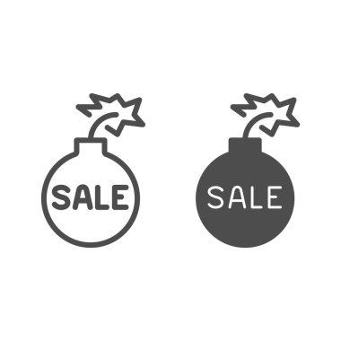 Yanan fitil ve metin satışı hattı, sağlam ikon, Kara Cuma konsepti, beyaz arka planda Kara Cuma satışı tabelası, yuvarlak bomba ikonu içindeki yazıt satışı. Vektör grafikleri.