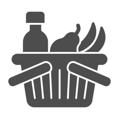 Şişeli ve meyveli sepet katı ikon, Kara Cuma konsepti, beyaz arka planda alışveriş septi, taze yiyecek ve içecek ikonu içeren alışveriş septi. Vektör grafikleri.