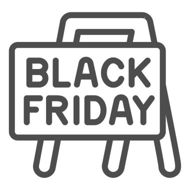 Metin Kara Cuma çizgi ikonu, Kara Cuma konsepti, beyaz arka planda sokak panosu tabelasında satış metni, mobil için taslak biçiminde stand board simgesinde büyük indirim. Vektör grafikleri.