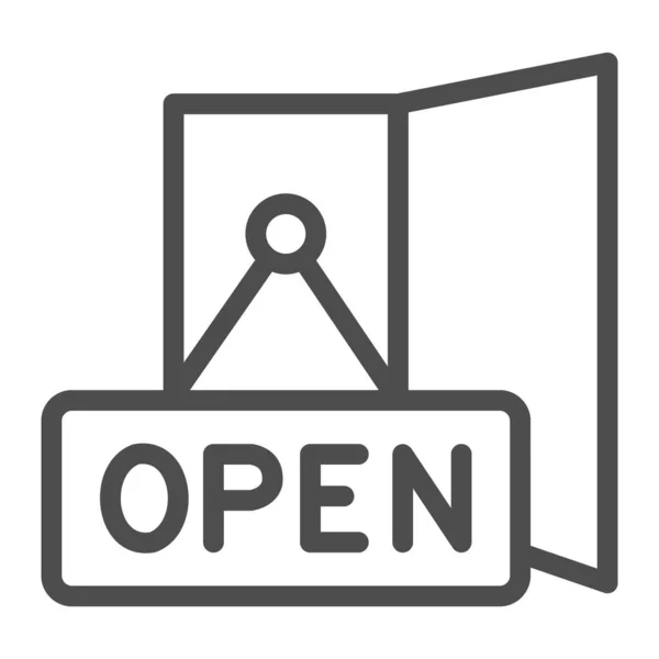 Placa con texto abierto e icono de línea de puerta, concepto de Viernes Negro, letrero abierto sobre fondo blanco, letrero de puerta abierta en estilo de esquema para concepto móvil y diseño web. Gráficos vectoriales. — Vector de stock