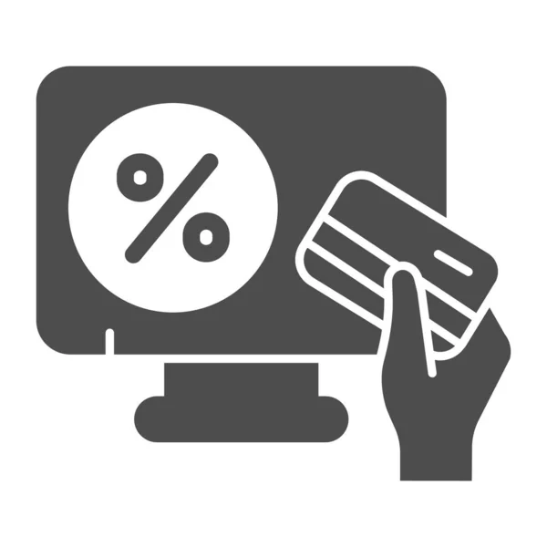 Monitor with percent and credit card in hand solid icon, Black Friday concept, Online store sign on white background, hand with credit card and shopping on screen icon in glyph. Vector. — Stock Vector