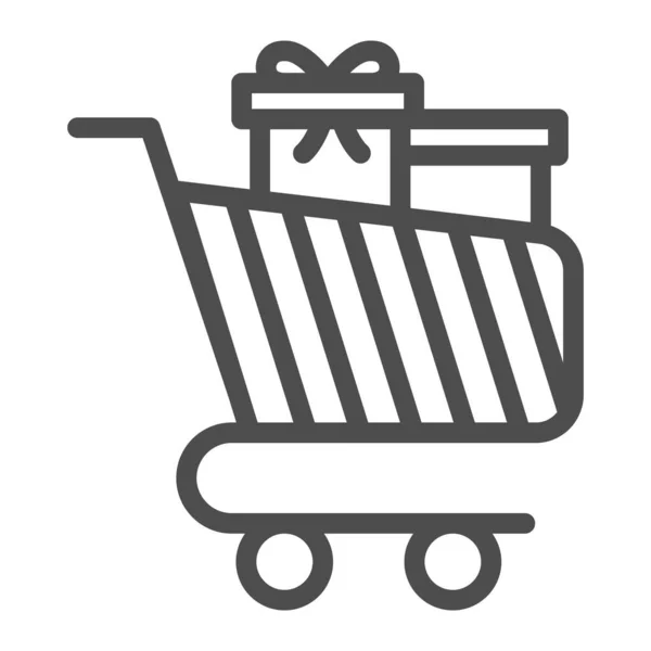Chariot pour marchandises avec icône de ligne de cadeaux, concept Black Friday, panneau de panier sur fond blanc, icône de chariot de supermarché dans le style de contour pour la conception mobile et web. Graphiques vectoriels. — Image vectorielle