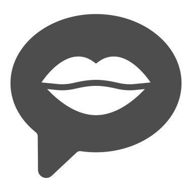 Kadın dudakları ile diyalog katı ikon, sevgililer günü konsepti, beyaz arka planda konuşma kabarcığı işareti olan kadın ağzı, web tasarımı için glifli dudak simgesi. Vektör grafikleri.