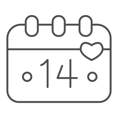 Takvim 14 Şubat, ince çizgi simgesi, sevgililer günü konsepti, takvim sayfası beyaz arka planda aşk tabelası, sevgililer günü ikonu ana hatlarıyla. Vektör grafikleri.