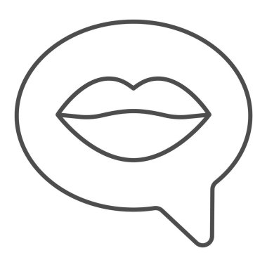 Kadın dudakları ince çizgi ikonu, sevgililer günü konsepti, beyaz arka planda konuşma kabarcığı işareti olan kadın ağzı, web tasarımı için ana hatlarda düşünce ikonu olan dudak. Vektör grafikleri.