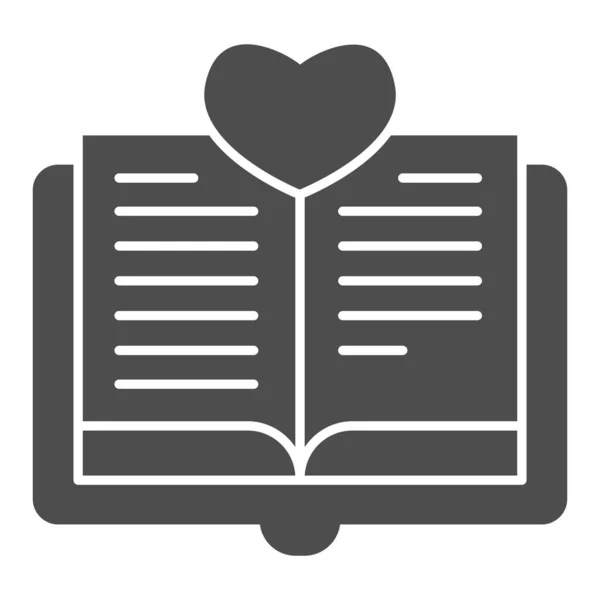 심장 고체 아이콘으로 열린 책, 발렌타인데이 컨셉, 하얀 배경에 대한 이야기 사인, 모바일 컨셉과 웹 디자인을 위한 글 리프 스타일의 독서 아이콘에 대한 사랑. 벡터 그래픽. — 스톡 벡터