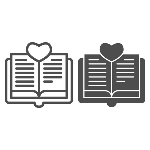 Livre ouvert avec ligne de coeur et icône solide, concept de Saint-Valentin, signe histoire d'amour sur fond blanc, l'amour de l'icône de lecture dans le style de contour pour concept mobile et web design. Graphiques vectoriels. — Image vectorielle