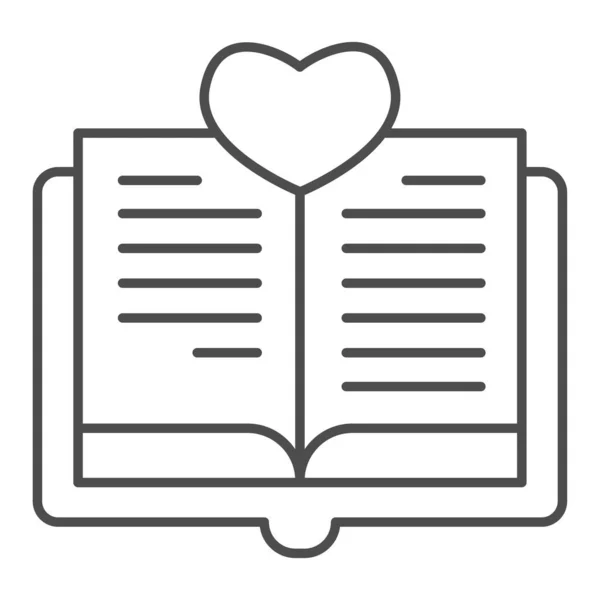 Livro aberto com ícone de linha fina de coração, conceito de dia dos namorados, sinal de história de amor no fundo branco, amor de ícone de leitura no estilo de esboço para o conceito móvel e web design. Gráficos vetoriais. — Vetor de Stock