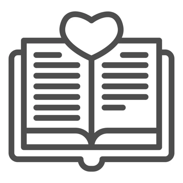 Libro abierto con icono de línea de corazón, concepto de día de San Valentín, signo de historia de amor en el fondo blanco, el amor por el icono de lectura en el estilo de esquema para el concepto móvil y el diseño web. Gráficos vectoriales. — Archivo Imágenes Vectoriales