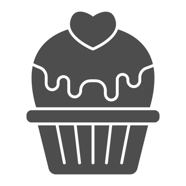 Dortík se srdcem a glazurou pevná ikona, valentýnský koncept, muffin s nápisem poleva na bílém pozadí, dort s ikonou lásky v glyfovém stylu pro mobilní koncept. Vektorová grafika. — Stockový vektor