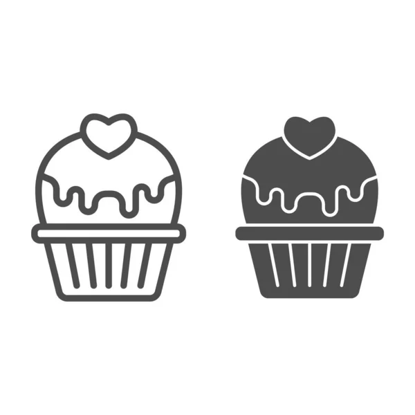 심장, 유약 라인, 단단 한 아이콘, 발렌타인데이 컨셉, 흰색 배경에 아이싱 사인이 있는 머핀, 모바일 컨셉에 대한 개요 스타일의 사랑 아이콘이 있는 케이크. 벡터 그래픽. — 스톡 벡터
