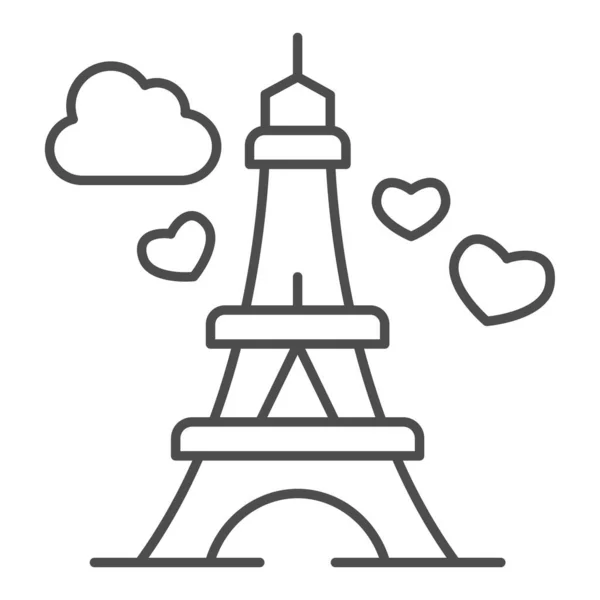 Torre Eiffel con icono de línea delgada corazón, concepto de día de San Valentín, signo de viaje romántico sobre fondo blanco, París como símbolo de amor icono en el estilo de esquema para el concepto móvil, diseño web. Gráficos vectoriales. — Archivo Imágenes Vectoriales