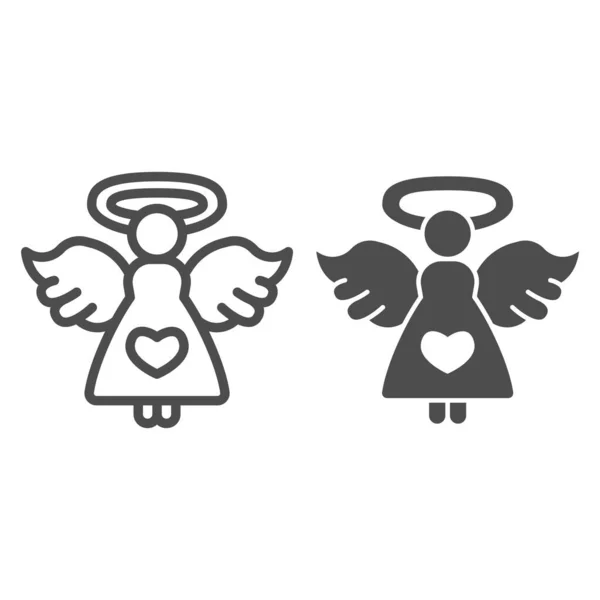 Άγγελος με γραμμή της καρδιάς και στερεό εικονίδιο, Αγίου Βαλεντίνου έννοια ημέρα, Άγγελος του έρωτα υπογράψει σε λευκό φόντο, κορίτσι με φτερά και εικονίδιο Nimbus σε περίγραμμα στυλ για την κινητή έννοια, web design. Διανυσματικά γραφικά. — Διανυσματικό Αρχείο