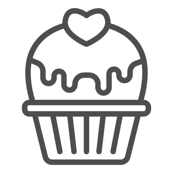 Cupcake with heart and glaze line icon, valentine day concept, muffin with icing sign on white background, cake with love icon in outline style for mobile concept. Vector graphics. — Stock Vector