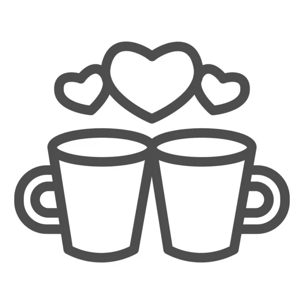 Pareja de amantes tazas icono de la línea, concepto de día de San Valentín, Dos tazas con signo de corazón sobre fondo blanco, taza de icono de la bebida caliente en el estilo del esquema para el concepto móvil. Gráficos vectoriales. — Archivo Imágenes Vectoriales