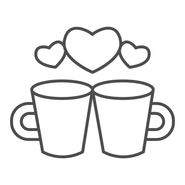 Couple of lovers cups thin line icon, valentine day concept, Two cups with heart sign on white background, cup of hot drink icon in outline style for mobile concept. Vector graphics. — Stock Vector