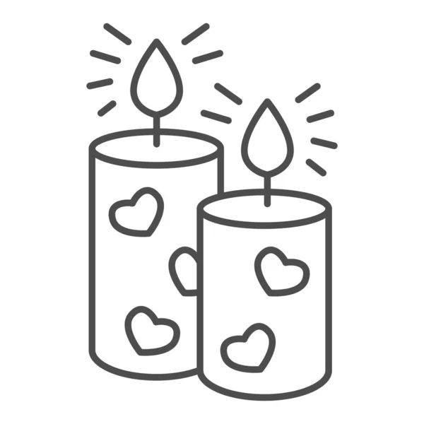 Ícone de linha fina de vela de aroma romântico, conceito de dia dos namorados, velas com sinal de coração no fundo branco, luz de velas no ícone de spa no estilo de contorno para o conceito móvel, web design. Gráficos vetoriais. —  Vetores de Stock