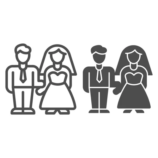 花嫁と新郎のラインと固体アイコン、バレンタインデーのコンセプト、白い背景に結婚式のカップルのサイン、愛好家は、モバイルコンセプトとウェブデザインのアウトラインスタイルで結婚式のアイコンを取得します。ベクトルグラフィックス. — ストックベクタ