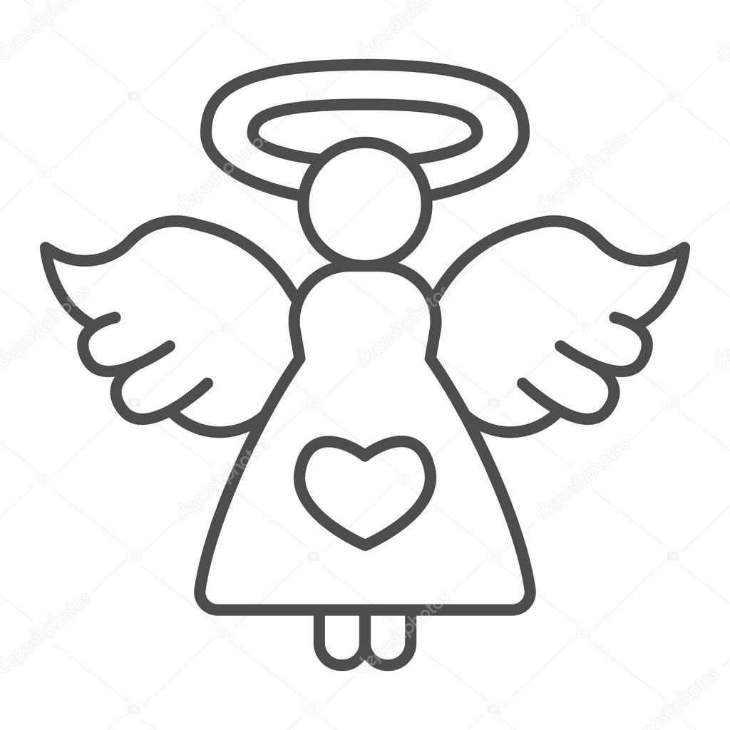 Angel with heart thin line icon, valentine day concept, Angel of love sign on white background, girl with wings and nimbus icon in outline style for mobile concept,web design. Vector graphics