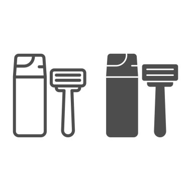 Tıraş köpüğü ve jilet çizgisi, katı ikon, hijyen rutin konsept, beyaz arka planda erkek cilt ürünleri tabelası, tıraş köpüğü şişesi ve tıraş jileti ikonu ana hatlarıyla. Vektör grafikleri.