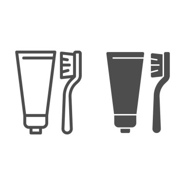Diş macunu ve fırça çizgisi ve katı ikon, hijyen rutini kavramı, beyaz arka planda diş fırçası ve yapıştırma işareti, diş macunu ve diş fırçası ikonu mobil ve web için taslak stilde. Vektör grafikleri.