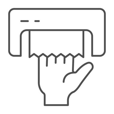 Kağıt havlu ince çizgi ikonlu el kurutma makinesi, hijyen rutini kavramı, beyaz arka planda kağıt kaplama tabelası, mobil ve web için taslak biçimli kağıt havlu dağıtıcı simgesi. Vektör grafikleri.