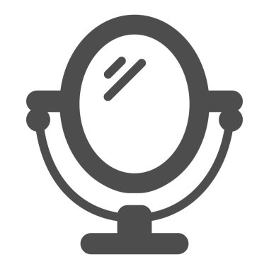 Sağlam ikon üzerine ayna, hijyen rutini kavramı, beyaz arka planda makyaj aynası işareti, mobil konsept ve web tasarımı için yuvarlak masa aynası ikonu. Vektör grafikleri.