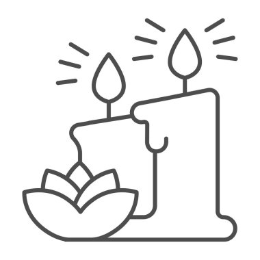 Mum mumları ve nilüfer çiçeği ince çizgi ikonu, hijyen rutin konsepti, beyaz arka planda kozmetoloji ve güzellik salonu işaretleri, iki mum ve çiçek ikonu. Vektör grafikleri.