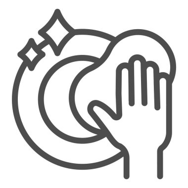 Tabak ve sünger el çizgisi ikonu, hijyen rutini konsepti, beyaz arka planda bulaşık tabelası, mobil ve web için taslak şeklinde sünger ikonu olan el temizleme tabakları. Vektör grafikleri.