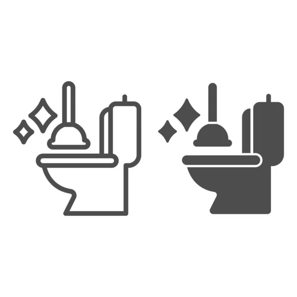 Toilettenschüssel und Stößel Linie und solides Symbol, Hygiene Routinekonzept, Toilettenreinigungswerkzeuge Zeichen auf weißem Hintergrund, Toilettenschüssel mit sauberen Sternen und Stößel Symbol in Umriss. Vektorgrafik. — Stockvektor