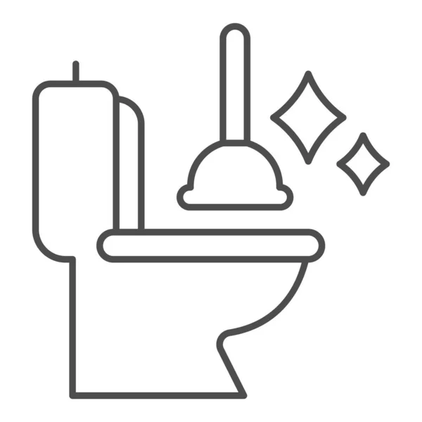 Toilettenschüssel und Kolben dünne Linie Symbol, Hygiene Routinekonzept, Toilettenreinigungswerkzeuge Zeichen auf weißem Hintergrund, Toilettenschüssel mit sauberen Sternen und Kolben Symbol in Umriss. Vektorgrafik. — Stockvektor