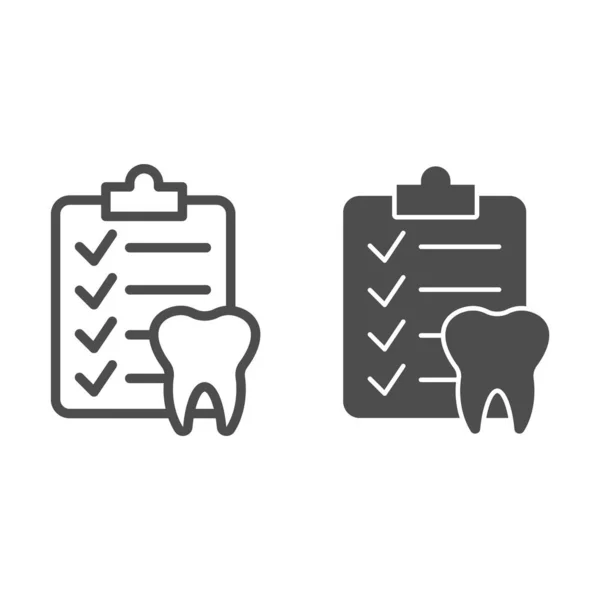 Lista de verificación dental y línea de dientes e icono sólido, concepto de rutina de higiene, señal de informe de diagnóstico de dientes sobre fondo blanco, portapapeles con icono de diente humano en estilo de esquema. Gráficos vectoriales. — Archivo Imágenes Vectoriales