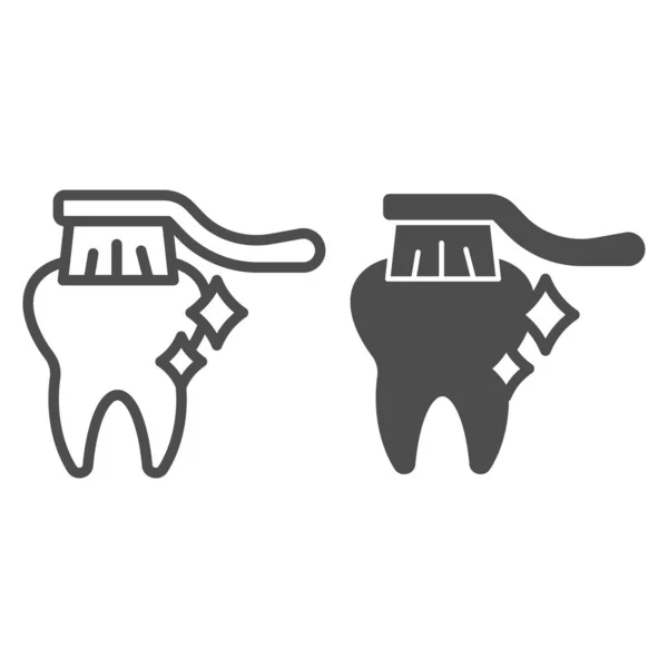 Línea de dientes y cepillos de dientes saludables e icono sólido, concepto de rutina de higiene, signo de cuidado dental sobre fondo blanco, icono de cepillado de dientes en estilo de esquema para el concepto móvil y el diseño web. Gráficos vectoriales. — Vector de stock