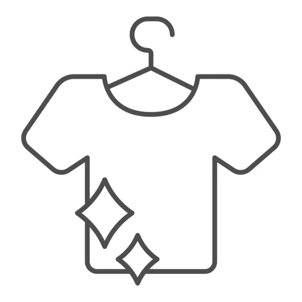 ハンガー薄いラインアイコン上のきれいなTシャツ、衛生ルーチンコンセプト、白い背景にランドリー洗浄サイン、モバイルやウェブデザインのアウトラインスタイルできれいなシャツアイコンをぶら下げ。ベクトルグラフィックス. — ストックベクタ