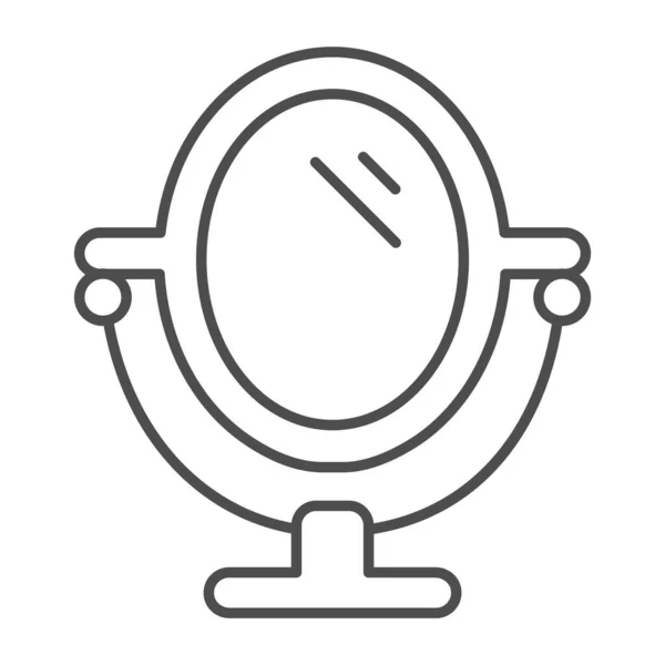 Espejo en el icono de la línea delgada del soporte, concepto de rutina de higiene, signo de espejo de maquillaje sobre fondo blanco, icono de espejo de mesa redonda en estilo de esquema para el concepto móvil y el diseño web. Gráficos vectoriales. — Vector de stock