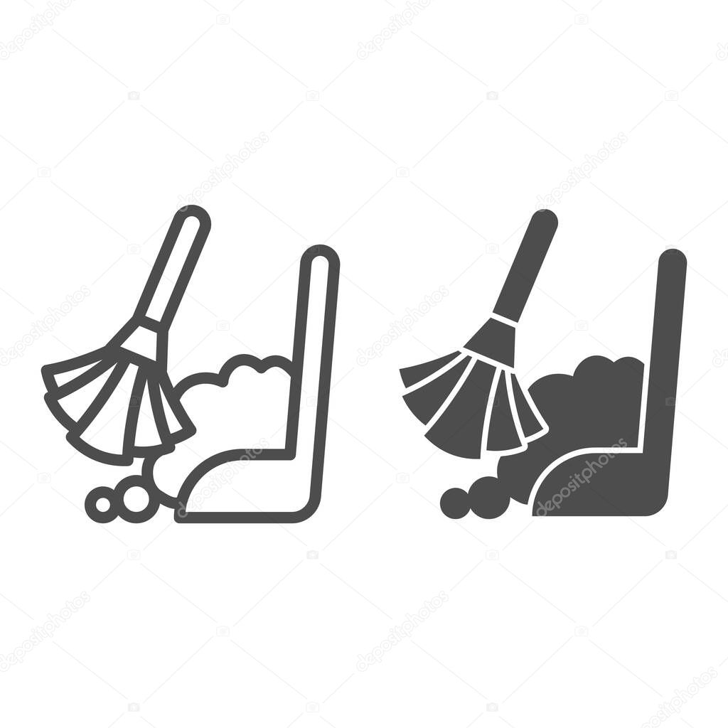 Broom and scoop line and solid icon, Hygiene routine concept, Cleaning supplies sign on white background, Garbage, dustpan and brush icon in outline style for mobile and web design. Vector graphics
