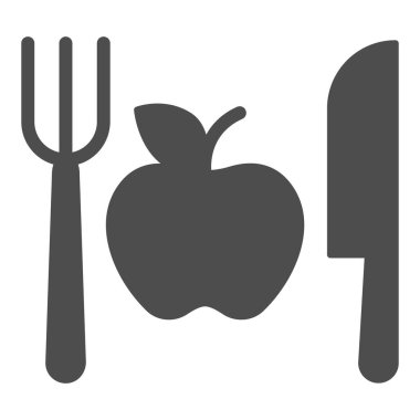 Bıçak ve elma gibi sağlam bir ikona sahip çatal, makyaj rutini kavramı, beyaz arka planda sağlıklı menü işareti, mobil ve web tasarımı için glifli çatal-bıçak ikonu olan bir elma. Vektör grafikleri.
