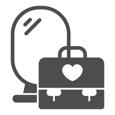 Kalbin sağlam ikonuna sahip ayna ve çanta, makyaj rutini konsepti, beyaz arka planda kozmetik ve makyaj yeri işareti, kalp ve makyaj cam ikonu olan bavul glifli. Vektör grafikleri.