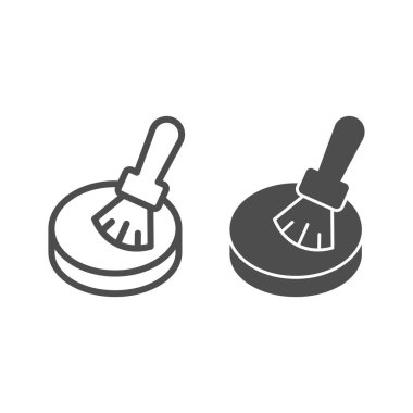 Toz ve fırça çizgisi ve katı ikon, makyaj rutini konsepti, beyaz arka planda yüz pudrası pudrası, makyaj fırçası ve mobil tasarım için küçük toz ikonu. Vektör grafikleri.