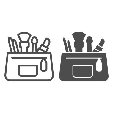 Kozmetik çizgisi olan kadın çantası ve sağlam bir ikon, makyaj rutini konsepti, beyaz arka planda kozmetik imzalı güzellik uzmanı, içeriği taslak şeklinde olan kadın çantası. Vektör grafikleri.