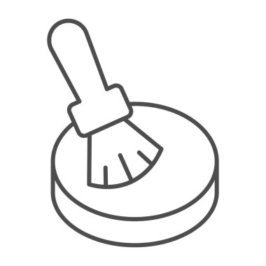 Toz ve fırça ince çizgi ikonu, makyaj rutin konsepti, beyaz arka planda yüz pudrası, makyaj fırçası ve mobil web tasarımı için küçük toz ikonu. Vektör grafikleri.