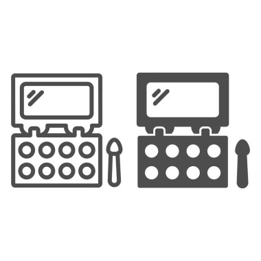 Kozmetik göz farı paleti ya da allık takımı çizgisi ve katı ikon, makyaj rutin konsepti, beyaz arka planda göz gölgesi imzası, dış görünüş tarzında palet kabı simgesi. Vektör grafikleri.