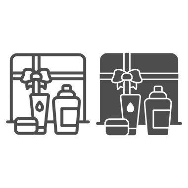 Kozmetik hediye serisi, sağlam ikon, makyaj rutini konsepti, krem tüpleri ve şişelerin beyaz arka planda mevcut ambalaj işareti, mobil için güzellik seti ikonu. Vektör grafikleri.