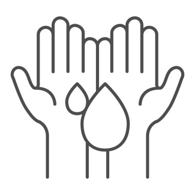 Su damlaları olan eller ince çizgi ikonu, makyaj rutin konsepti, beyaz arka planda el yıkama işareti, mobil konsept için ana hatları su ikonu olan avuçlar, web tasarımı. Vektör grafikleri.