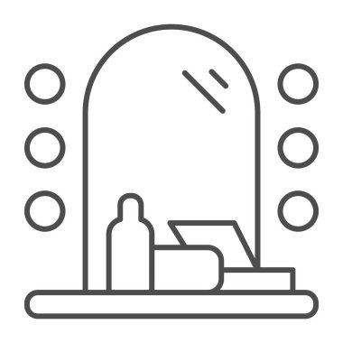 Lambalı ayna ve kozmetik set ince çizgi ikonu, makyaj rutin konsepti, beyaz arka planda tuvalet masası tabelası, ışık ve kozmetik ikonu olan makyaj aynası. Vektör grafikleri.