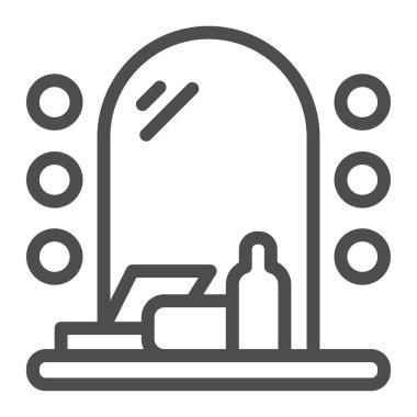 Lambalı ayna ve kozmetik set ikonu, makyaj rutini konsepti, beyaz arka planda tuvalet masası tabelası, ışık ve kozmetik ikonu olan makyaj aynası. Vektör grafikleri.