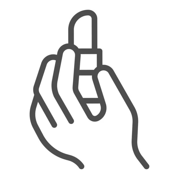 Ruj în pictograma linie de mână, machiaj concept de rutină, produs cosmetice în semn de mână pe fundal alb, mână de sex feminin ține pictograma ruj în stil contur pentru mobil și web. Grafica vectoriala . — Vector de stoc